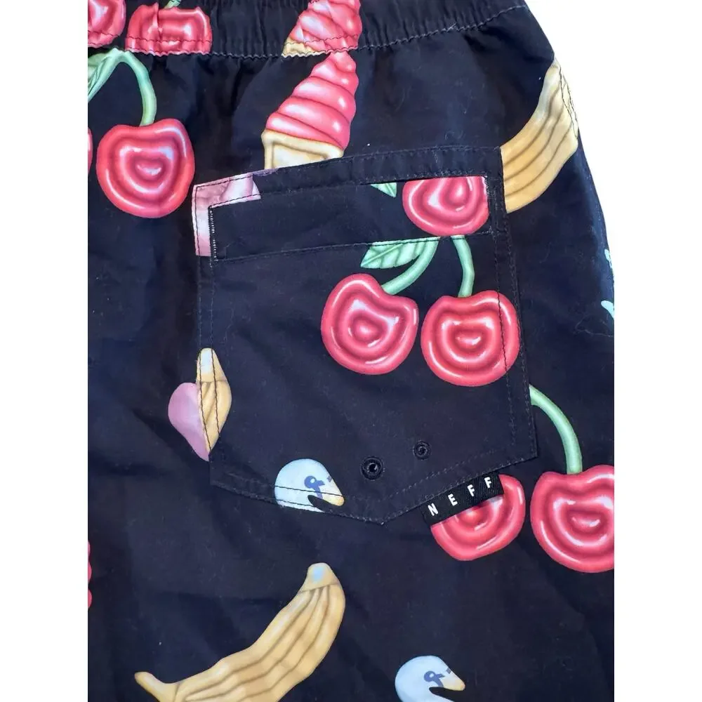 NWT NEFF XL Black Novelty Print Swim Trunks 19” Board Shorts Cherry Flamingo